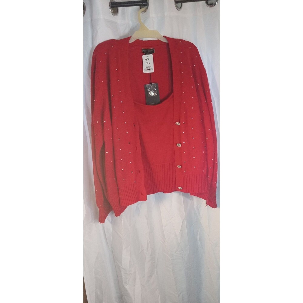 Kathy Ireland 2X women's sweater set red cardigan scattered rhinestone embellish